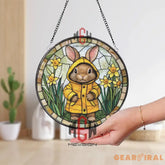 Bunny in Raincoat Stained Glass Suncatcher Spring Rabbit Window Hanging Cute Yellow Coat Glass Panel Easter Gift for